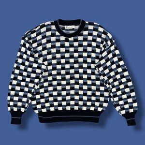 Vintage Geometric Sweater Crewneck Pullover Cotton 80s 90s Blue Large
